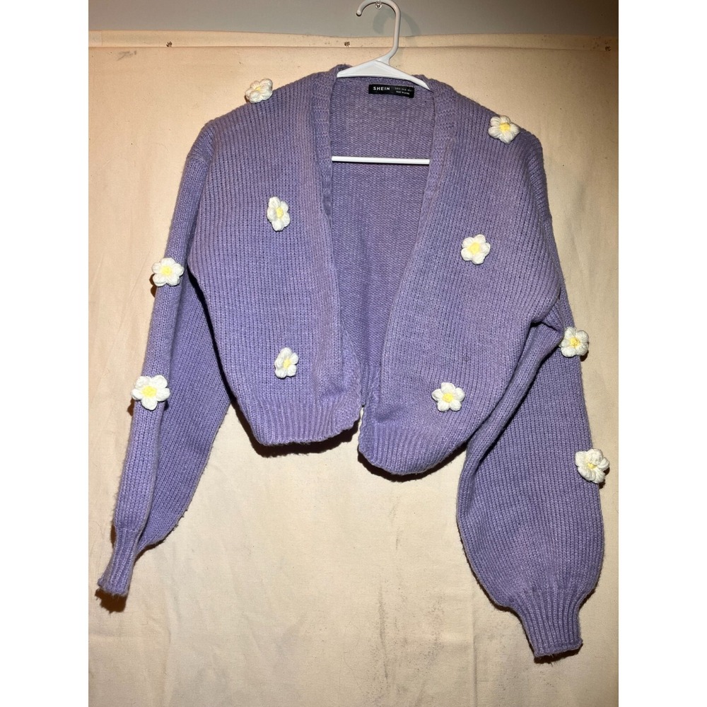 SHEIN Qutie Floral Pattern Drop Sleeve Cardigan SZ S Purple Daisy A13